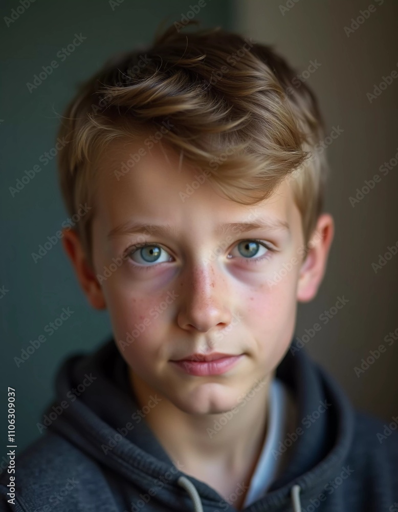 A young boy from Russia gazes directly at the viewer with captivating grey eyes. His tousled hair frames his face, and he wears a cozy casual clothes. Rosy cheeks, piercing serious look. Generative AI A young boy from Russia gazes directly at the viewer with captivating grey eyes. His tousled hair frames his face, and he wears a cozy casual clothes. Rosy cheeks, piercing serious look. Generative AI