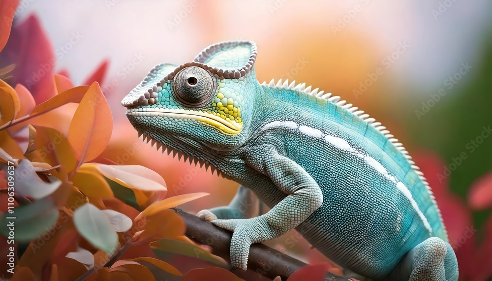 Fototapeta premium Curious chameleon blending into colorful foliage. 