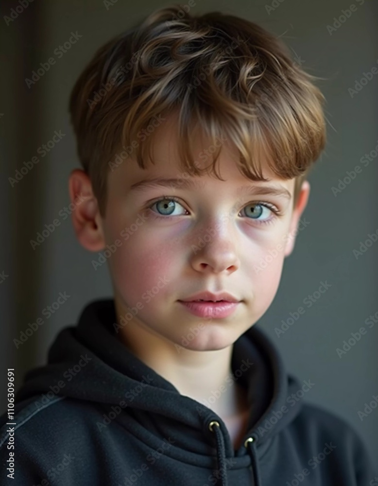 A young boy from Russia gazes directly at the viewer with captivating grey eyes. His tousled hair frames his face, and he wears a cozy casual clothes. Rosy cheeks, piercing serious look. Generative AI A young boy from Russia gazes directly at the viewer with captivating grey eyes. His tousled hair frames his face, and he wears a cozy casual clothes. Rosy cheeks, piercing serious look. Generative AI