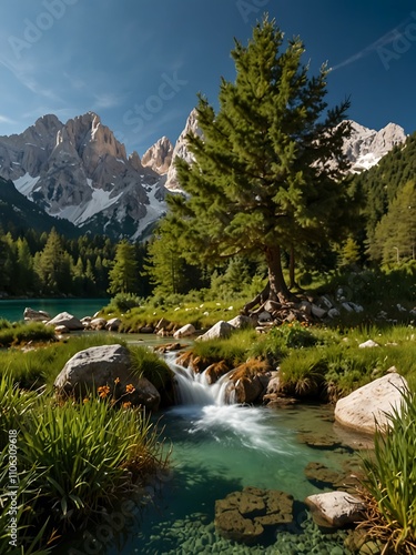 Lush forest and Dolomite mountains surrounding Lago di Sorapis. photo