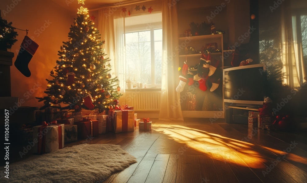 Fototapeta premium Festive living room decorated with a Christmas tree, stockings, and presents, illuminated by warm sunlight. Concept of holiday coziness and celebration