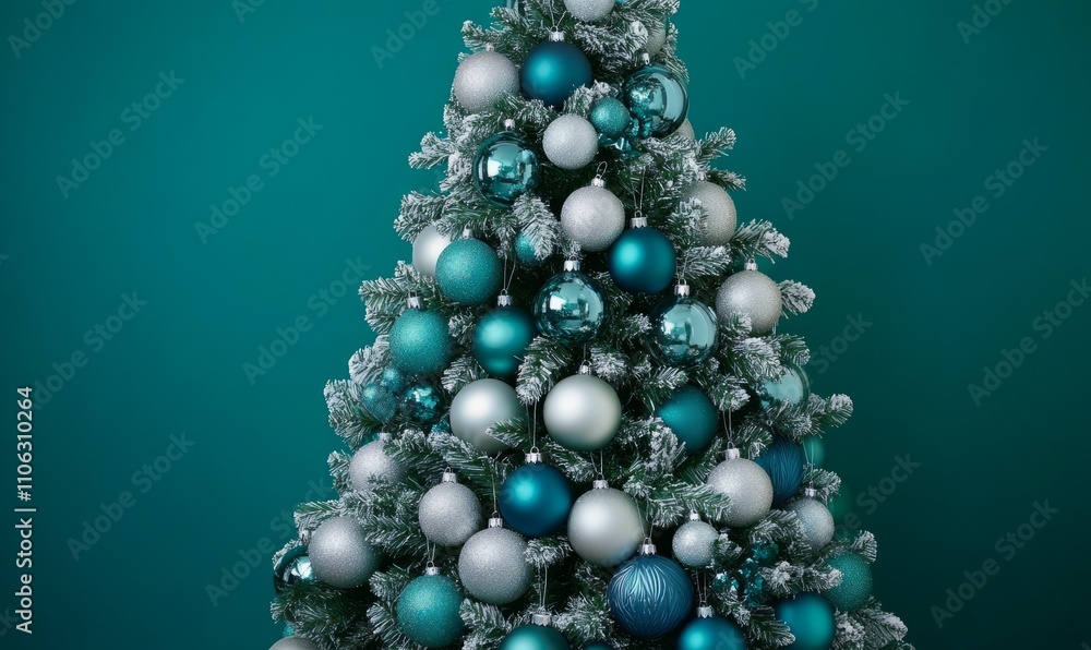 A beautifully decorated Christmas tree stands against a teal background, adorned with silver and blue ornaments A beautifully decorated Christmas tree stands against a teal background, adorned with silver and blue ornaments