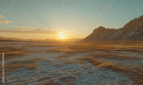 Sunset over salt flats and mountains, serene landscape, warm colors, expansive sky, natural beauty