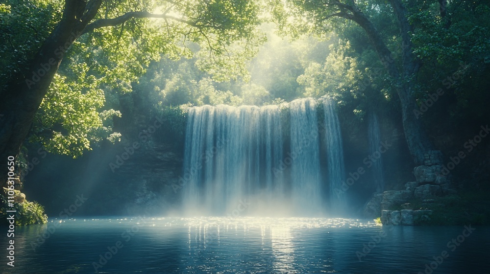 Sunlit waterfall cascading into a serene pool, surrounded by lush green foliage. Sunlit waterfall cascading into a serene pool, surrounded by lush green foliage.