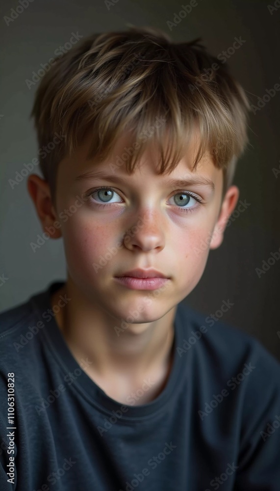 A young boy from Russia gazes directly at the viewer with captivating grey eyes. His tousled hair frames his face, and he wears a cozy casual clothes. Rosy cheeks, piercing serious look. Generative AI A young boy from Russia gazes directly at the viewer with captivating grey eyes. His tousled hair frames his face, and he wears a cozy casual clothes. Rosy cheeks, piercing serious look. Generative AI