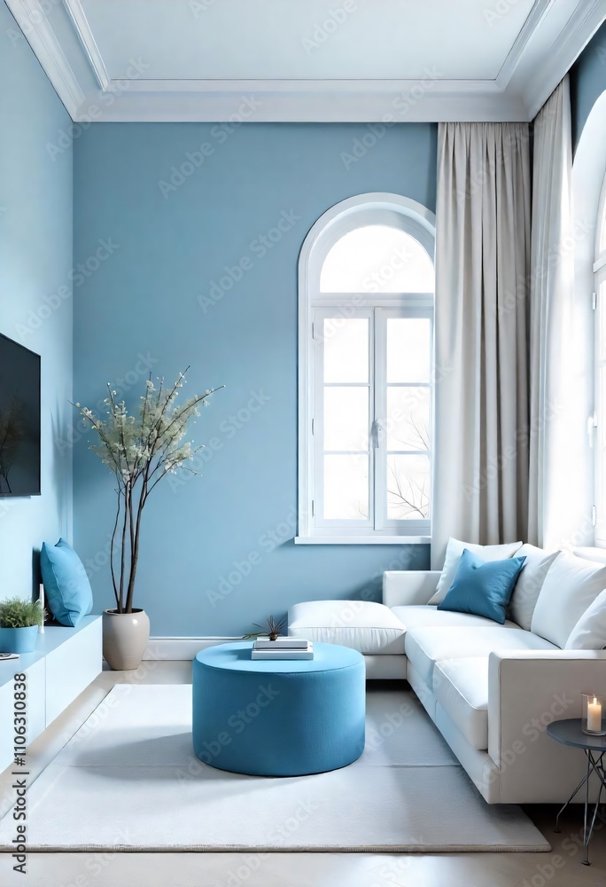 Fototapeta premium a living room with a blue wall and a white couch with blue pillows and a blue circular ottoman.