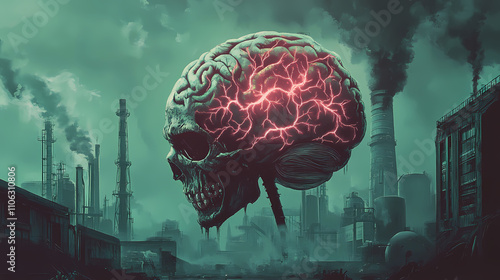 Mutated zombie brain emitting eldritch dark energy in a dystopian industrial wasteland. Eldritch. Illustration photo