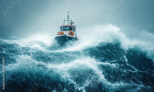 A boat fighting to stay afloat amidst churning waves and a fierce ocean storm, horizon blurred by rain photo