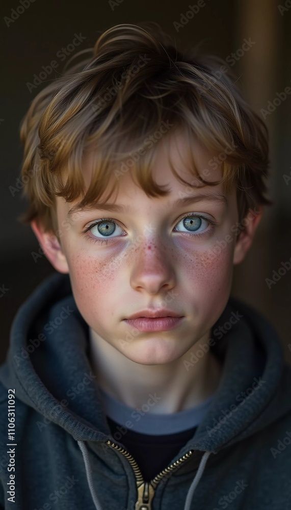 A young boy from Russia gazes directly at the viewer with captivating grey eyes. His tousled hair frames his face, and he wears a cozy casual clothes. Rosy cheeks, piercing serious look. Generative AI A young boy from Russia gazes directly at the viewer with captivating grey eyes. His tousled hair frames his face, and he wears a cozy casual clothes. Rosy cheeks, piercing serious look. Generative AI
