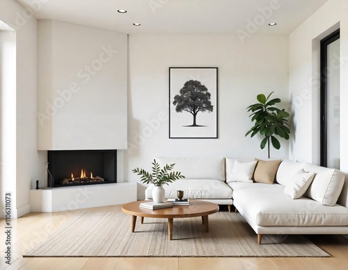 Modern living room interior with fireplace, featuring comfortable sofa, stylish decor, and soft carpet