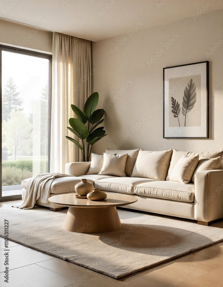 A modern living room interior with a comfortable sofa, armchair, and coffee table, illuminated by a stylish lamp A modern living room interior with a comfortable sofa, armchair, and coffee table, illuminated by a stylish lamp