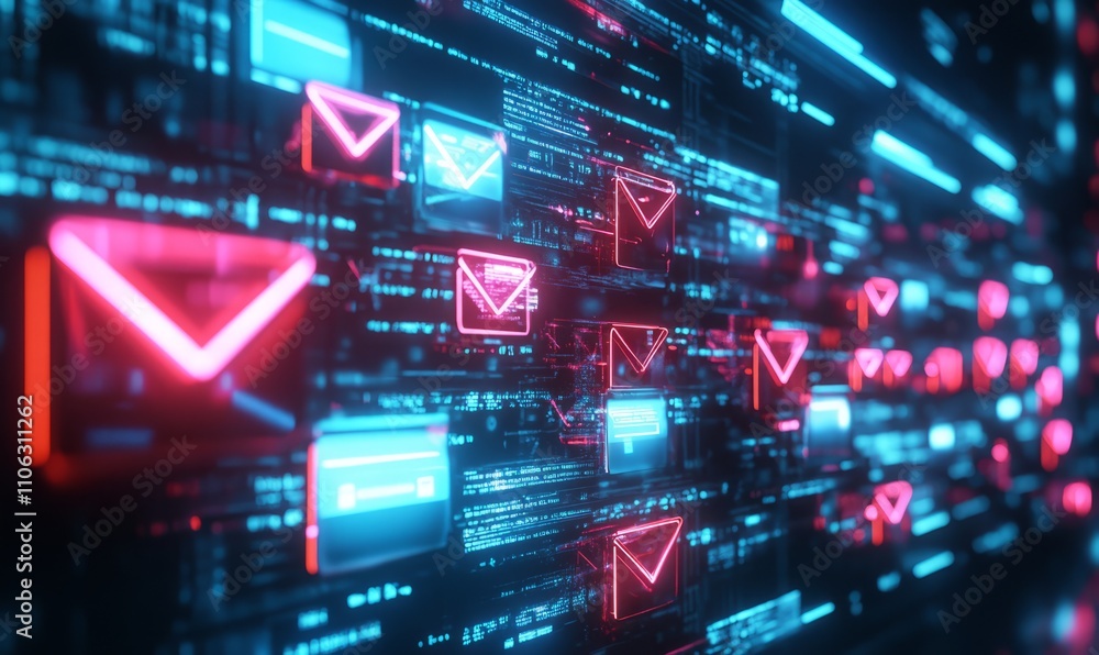 Fototapeta premium Glowing digital mailboxes representing communication in a tech environment. Email Marketing concept