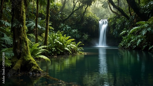 Lush rainforest scene with greenery and water.