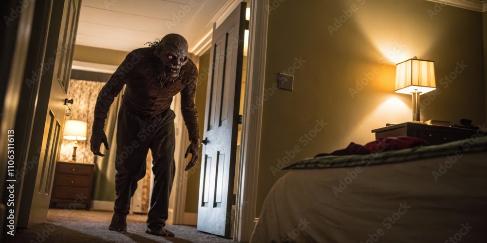 Creepy figure lurking in a dimly lit hallway at night in a residential home Creepy figure lurking in a dimly lit hallway at night in a residential home