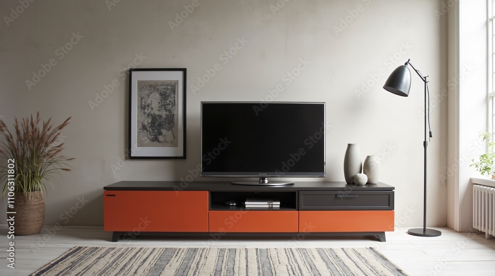 Modern living room interior with flat-screen TV and stylish furniture Modern living room interior with flat-screen TV and stylish furniture