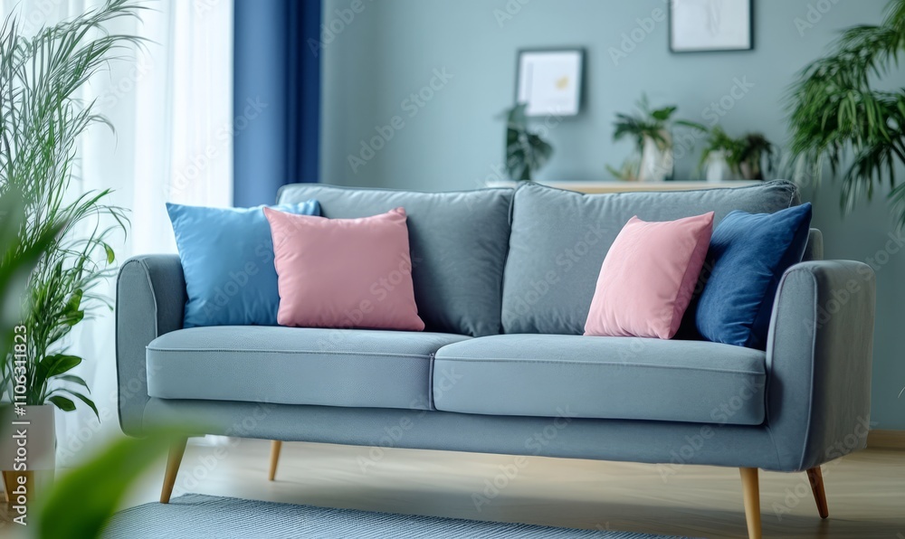 Gray sofa with blue and pink pillows adorns a minimalist living room Gray sofa with blue and pink pillows adorns a minimalist living room