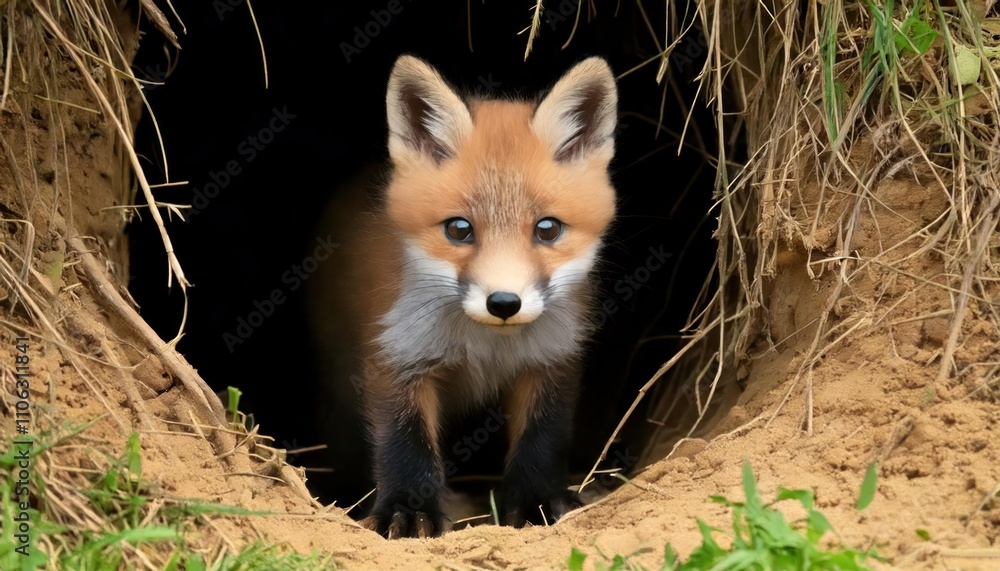 Naklejka premium Curious fox kit exploring its den entrance.