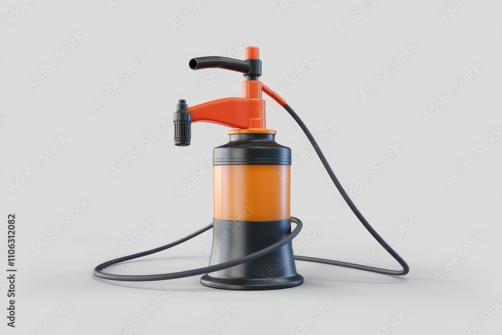 A 3D render of an orange and black manual water pump with a hose A 3D render of an orange and black manual water pump with a hose