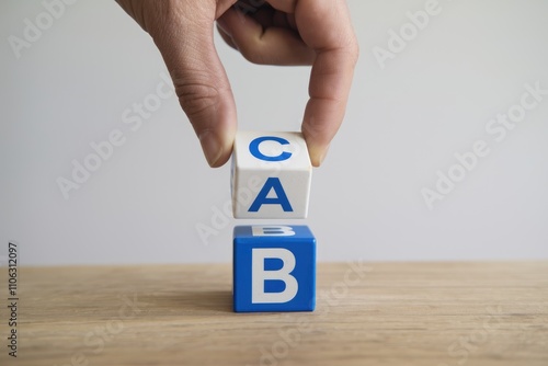 Hand arranging alphabet blocks to spell CAB  demonstrating concept of rearranging or problem solving photo