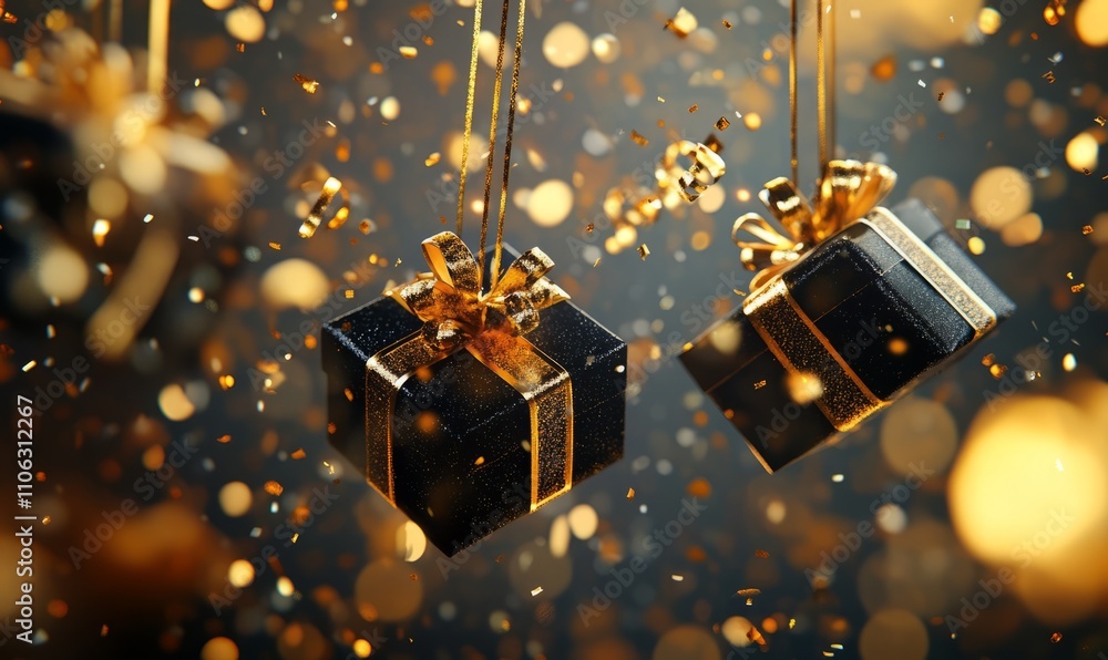 Hanging black gift boxes with golden ribbons, surrounded by sparkling golden confetti and bokeh lights, creating a celebratory and festive scene Hanging black gift boxes with golden ribbons, surrounded by sparkling golden confetti and bokeh lights, creating a celebratory and festive scene