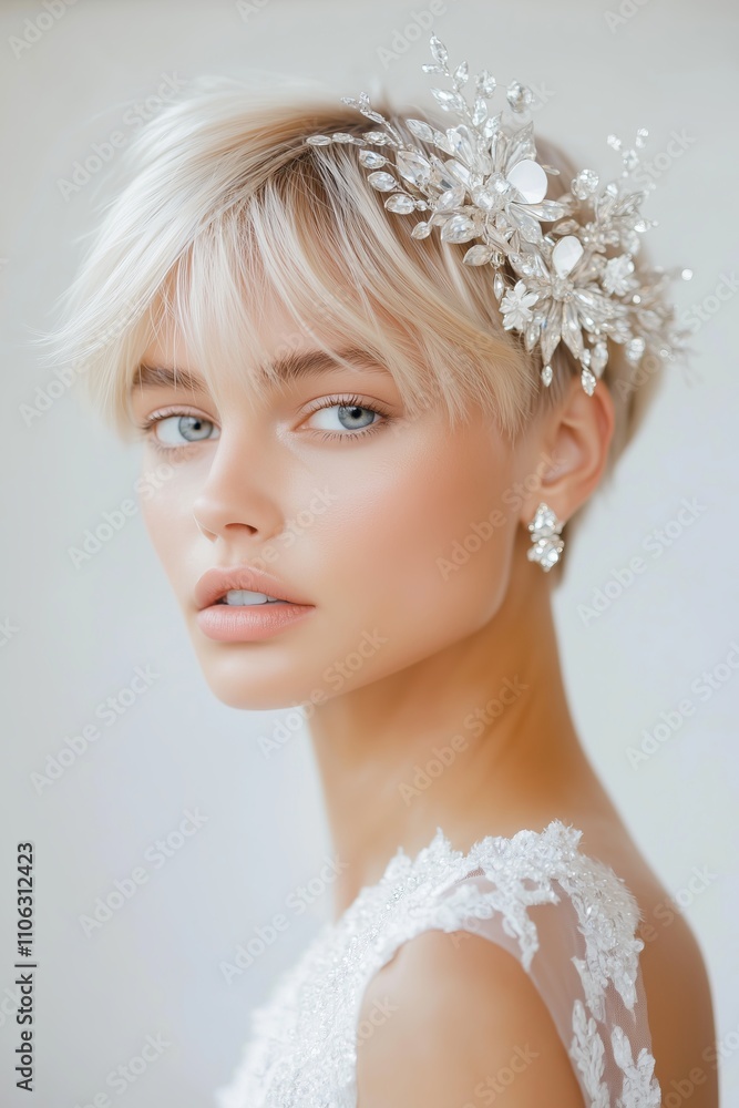 short pixie cut styled with sweeping bangs The hairstyle is elevated by a sparkling silver floral headband creating a polished and timeless bridal look short pixie cut styled with sweeping bangs The hairstyle is elevated by a sparkling silver floral headband creating a polished and timeless bridal look