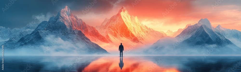 Mountains are reflected in the water as a person stands in front of them Mountains are reflected in the water as a person stands in front of them