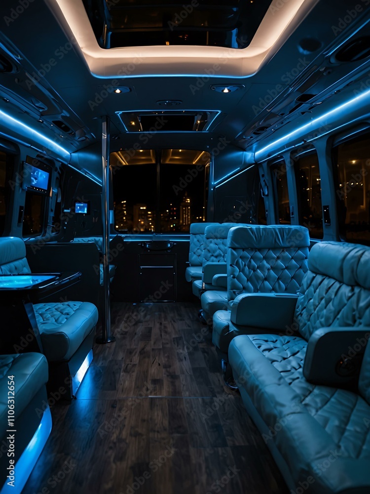 Fototapeta premium Luxurious interior of a VIP bus with ambient blue lighting.