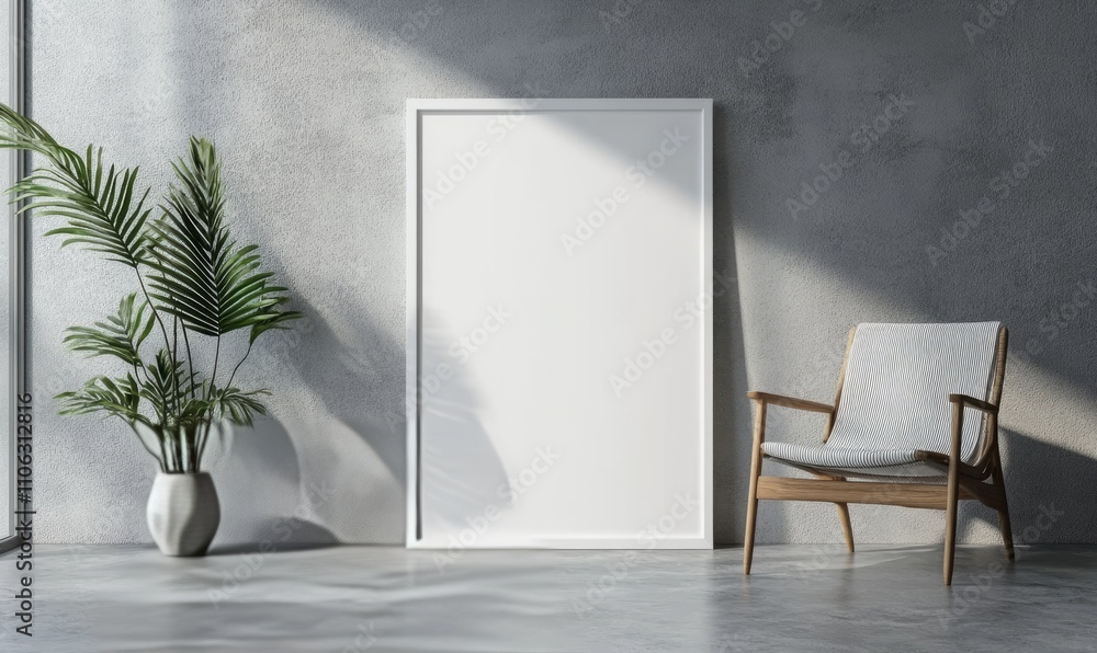 A chic white poster frame stands near a modern chair on concrete flooring A chic white poster frame stands near a modern chair on concrete flooring