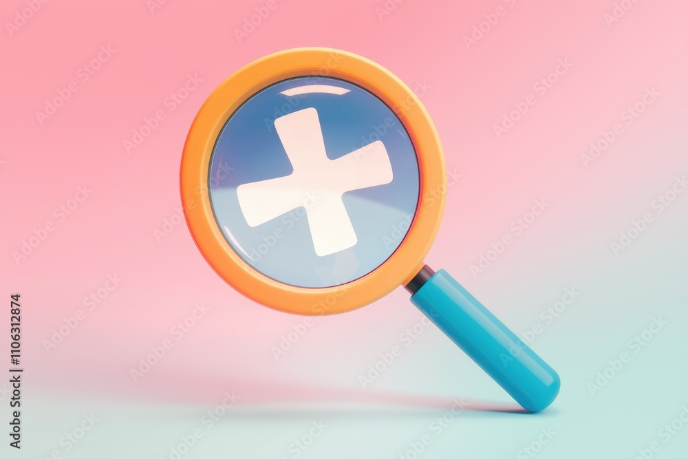 A cartoon magnifying glass with a plus sign inside on a pastel background A cartoon magnifying glass with a plus sign inside on a pastel background