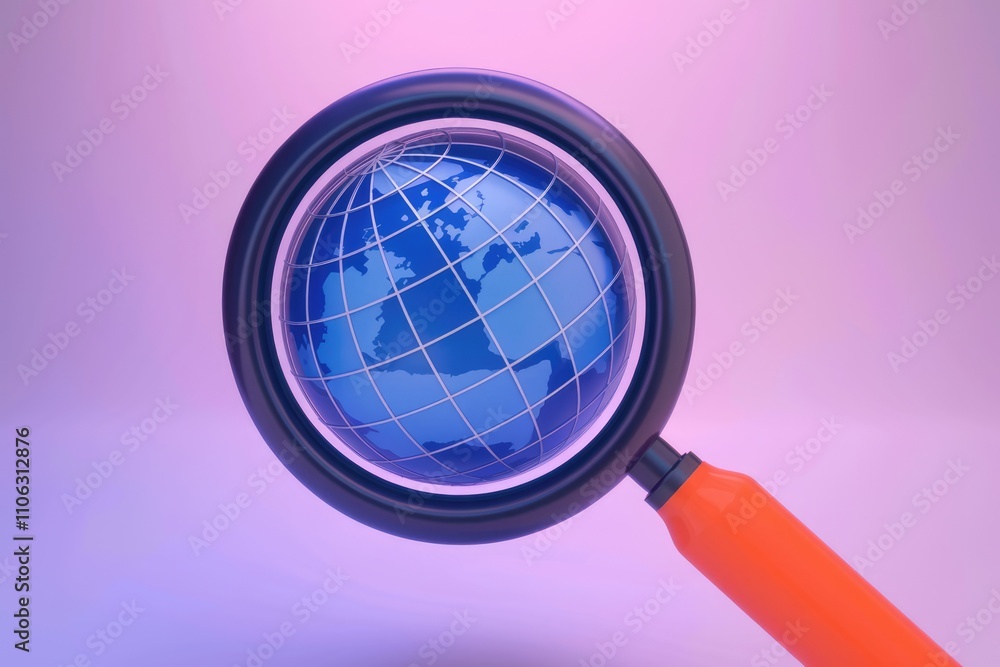 A magnifying glass enlarges a detailed blue globe symbolizing global exploration and discovery A magnifying glass enlarges a detailed blue globe symbolizing global exploration and discovery