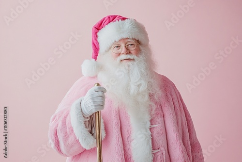 Santa Claus wearing a pink Victorian cloak, holding a cane, long white beard, pastel colors, pink and white background, soft and warm holiday mood 1 photo