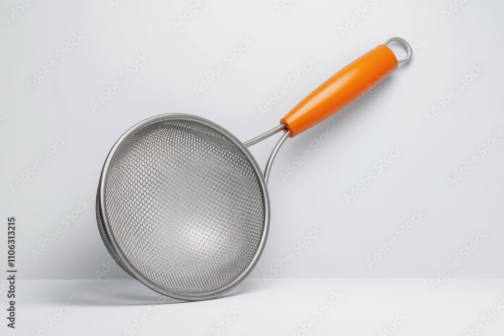 A stainless steel fine mesh strainer with an orange handle isolated on white A stainless steel fine mesh strainer with an orange handle isolated on white