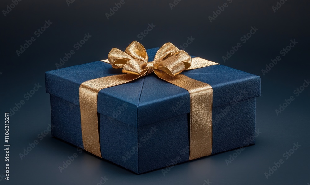 Elegant gift box with golden ribbon, navy blue wrapping, perfect for special occasions, showcasing luxury and sophistication Elegant gift box with golden ribbon, navy blue wrapping, perfect for special occasions, showcasing luxury and sophistication