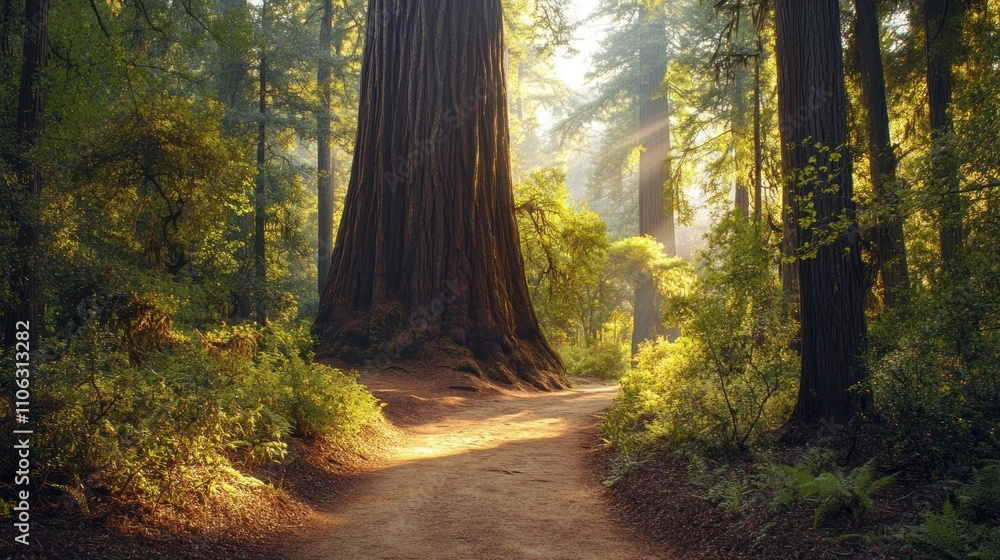 Obraz premium Redwood Forest Path Sunlight Golden Hour