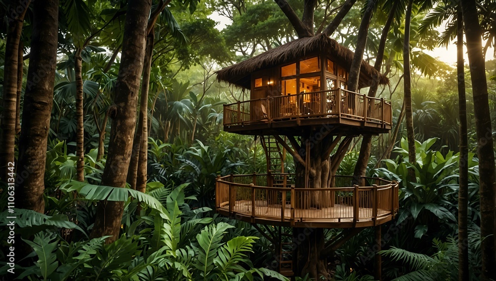 Luxurious treehouse nestled in lush tropical foliage. Luxurious treehouse nestled in lush tropical foliage.