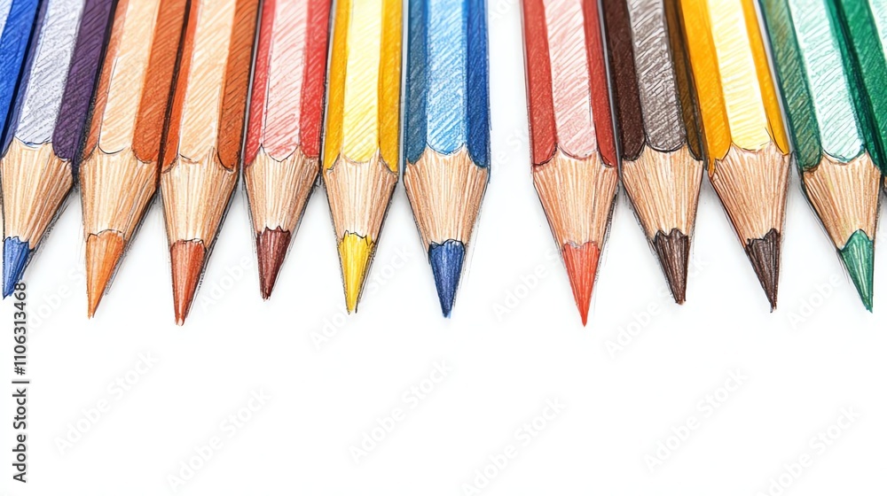 A collection of colorful pencils arranged in a row, showcasing their vibrant hues and fine tips A collection of colorful pencils arranged in a row, showcasing their vibrant hues and fine tips
