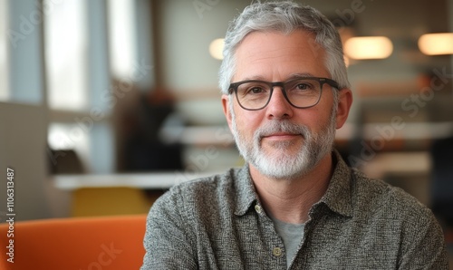 Image of a mature man with gray hair and a beard, wearing glasses, sitting in a modern office