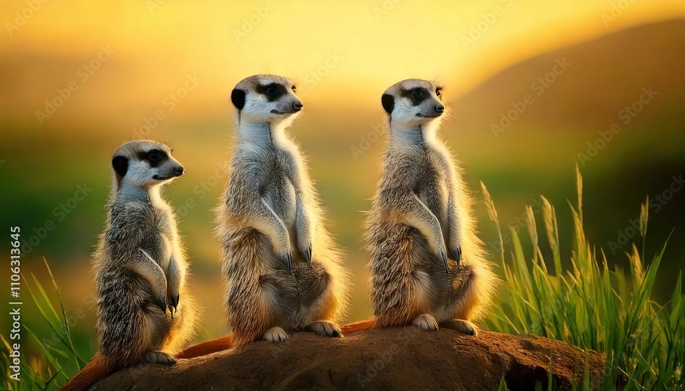 Fototapeta premium Curious meerkats standing upright for a better view.