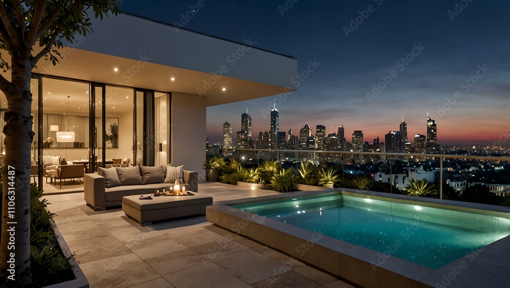 Obraz premium Luxury home with rooftop terrace and city views.
