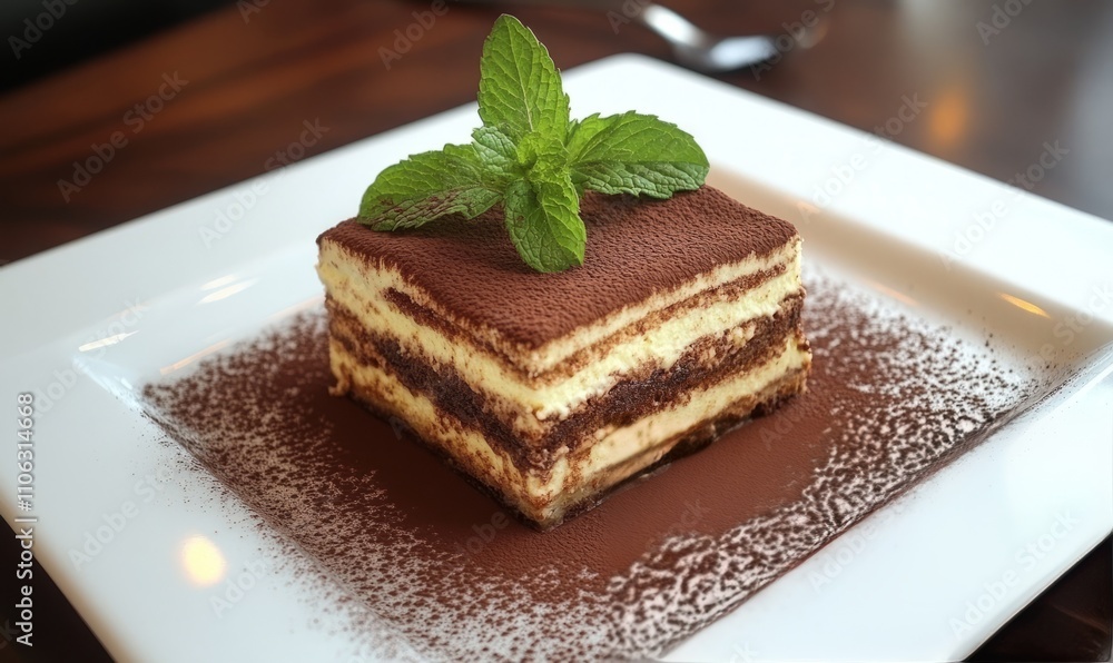 A classic tiramisu slice dusted with cocoa and garnished with mint leaves A classic tiramisu slice dusted with cocoa and garnished with mint leaves