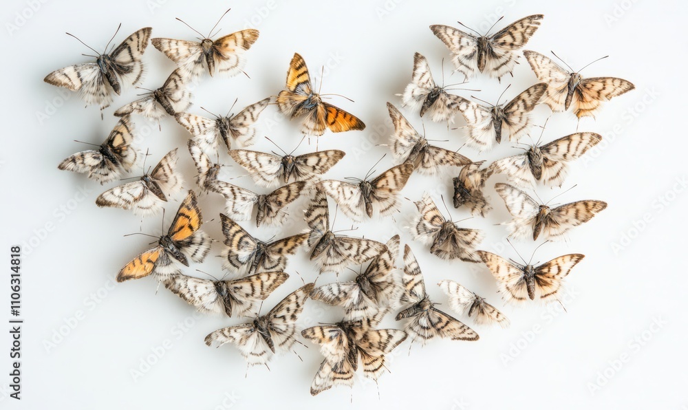Dozens of small moths arranged in a heart shape, hovering against a white background, each with detailed wing patterns