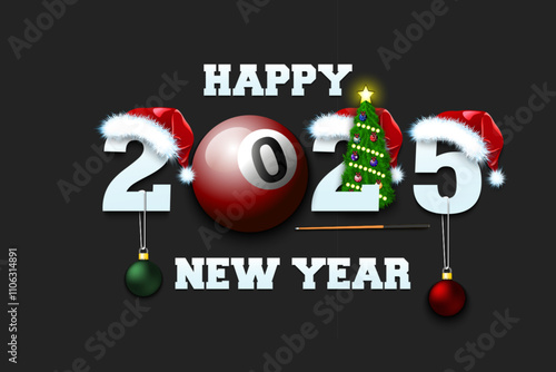 Happy new year. 2025 with billiard ball. Numbers in Christmas hats with cue and Christmas tree ball. Original template design for greeting card. Vector illustration on isolated background