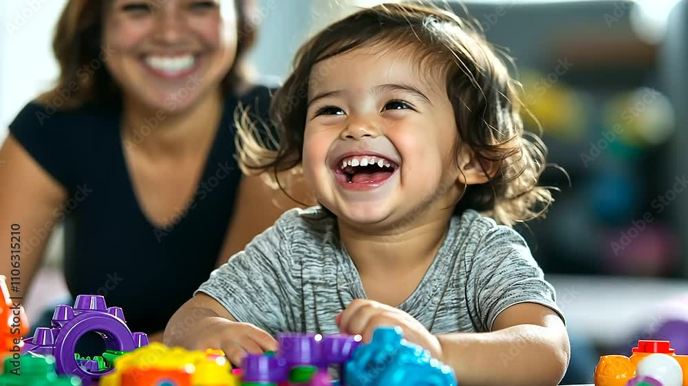Family Fun with Parent Smiling at Child Collecting Toys Family Fun with Parent Smiling at Child Collecting Toys