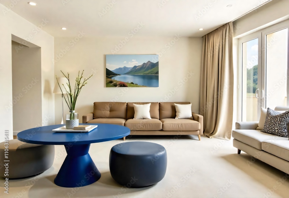 a room with a wall of blue and yellow pillows and a blue and white chair with a blue and white circle on the wall. a room with a wall of blue and yellow pillows and a blue and white chair with a blue and white circle on the wall.
