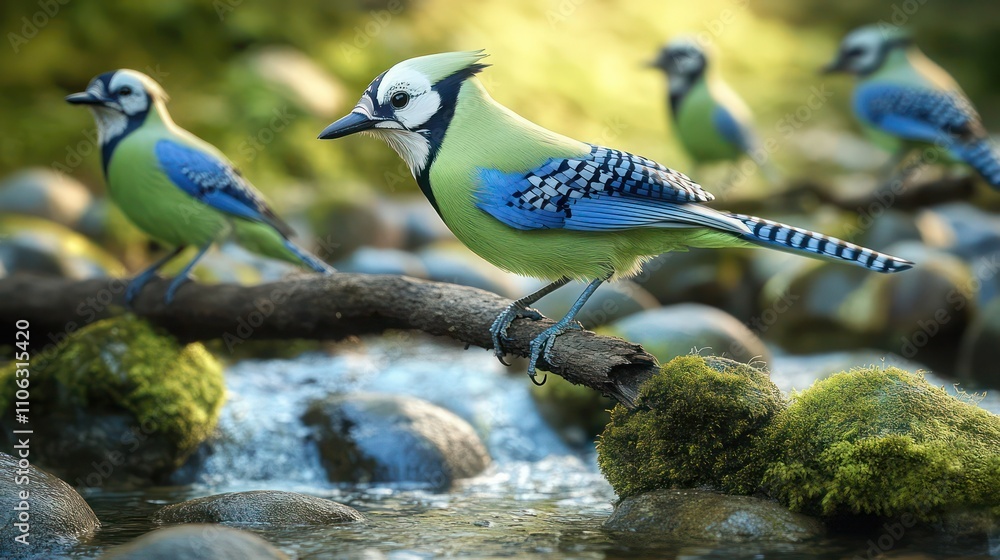 Green jays on a branch overhanging a babbling brook, surrounded by mossy stones. Green jays on a branch overhanging a babbling brook, surrounded by mossy stones.
