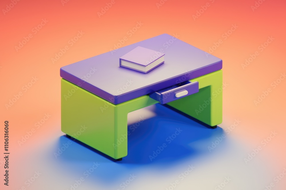 A vibrant 3D render of a small desk with a book on top and a drawer A vibrant 3D render of a small desk with a book on top and a drawer