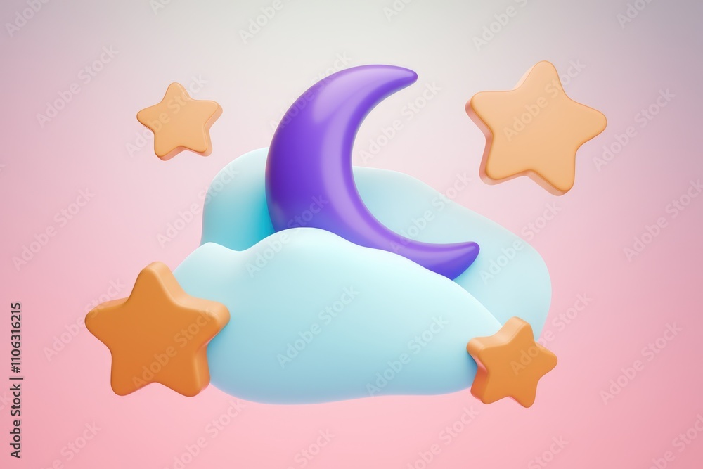 A purple crescent moon rests on a light blue cloud surrounded by four orange stars A purple crescent moon rests on a light blue cloud surrounded by four orange stars