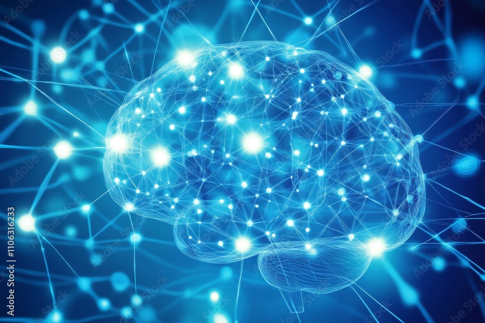 Obraz premium A digital rendering showcases a brain illuminated with bright points, representing interconnected neurons and complex networks, conveying ideas of intelligence and technology