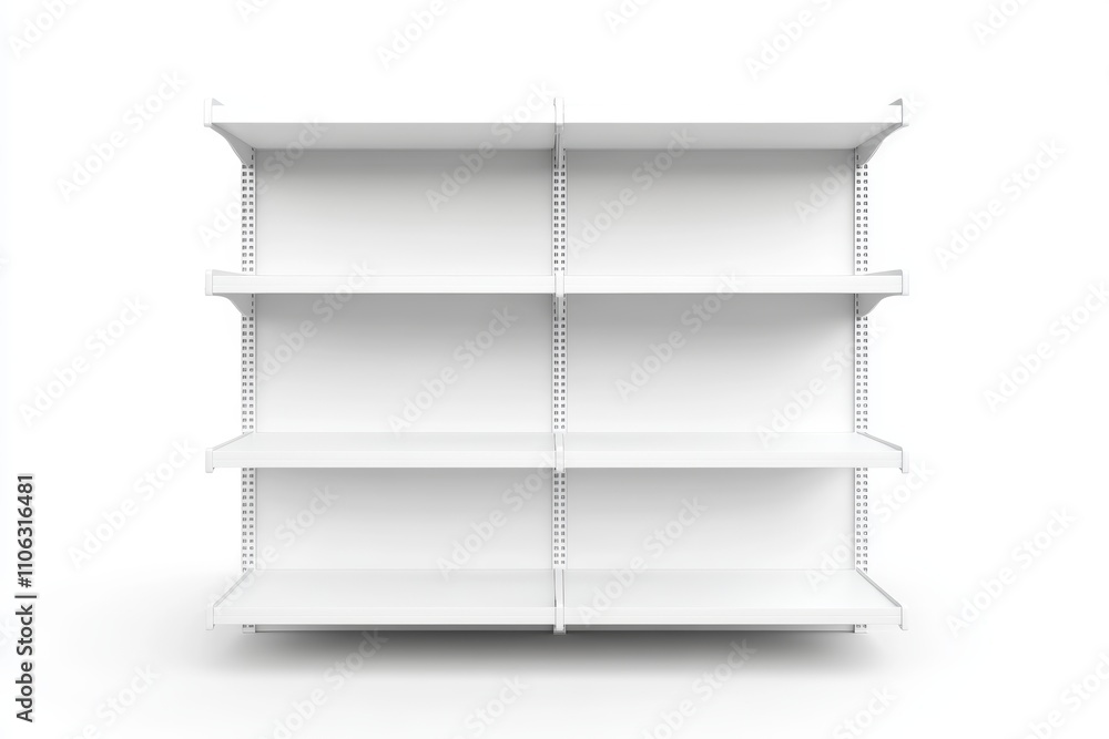 Empty white retail shelving with six adjustable shelves on white background Empty white retail shelving with six adjustable shelves on white background