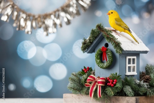 Yellow Bird on Festive Birdhouse with Holiday Decor
 photo